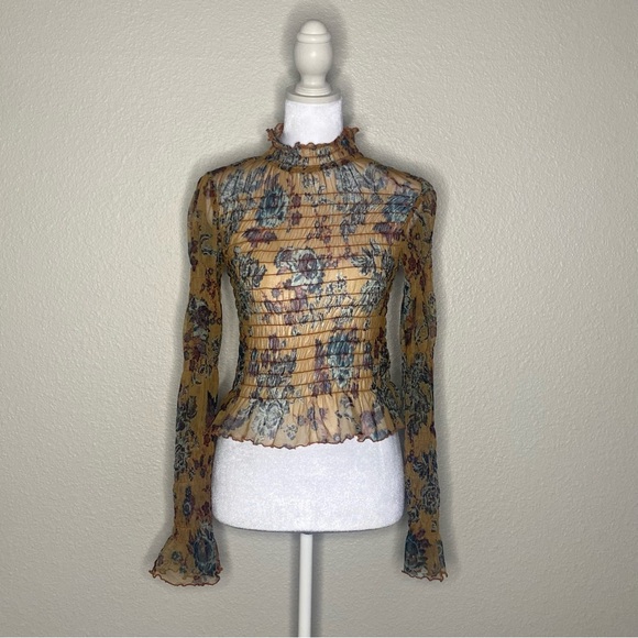 Free People Tops - Free People Floral Ruffle Blouse - Brown and Blue